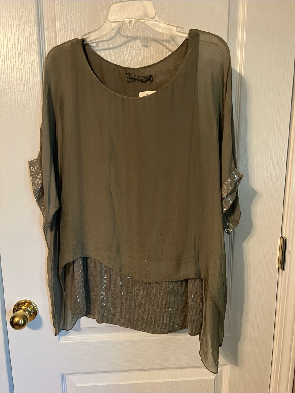 Moda Olive Green Layered Sequin-Trim Blouse